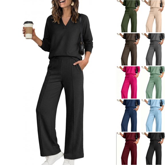 WULMLEO Two Piece Fall Sweatsuits for Women Solid V Neck Long Sleeve Sweatshirts Wide Leg Pants Sets Casual Comfortable Tracksuit Loungewear Outfits with Pockets Black M