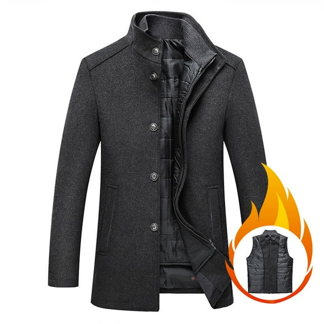 Lekwk Mens Long Fleece Coat Vintage Classic Trench Coats Full Zip Stand Collar Jacket with Pockets Cold Weather Keep Warm Jackets Fall Winter Stylish Thermal Outerwear