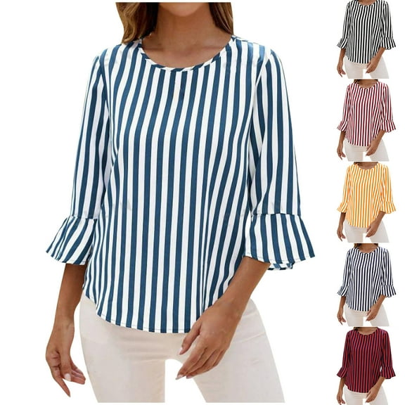 Summer Akafmk 3/4 Sleeve Shirts for Women,Summer Womens Striped Bell Sleeve Top,Casual Oversize Round-Neck Hooded Striped Knit T-shirt Tank Top