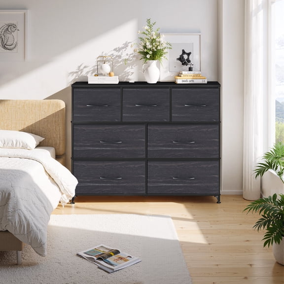 Dresser, Betcozy Storage Organizer with 7 Drawers for Bedroom, Chest of Drawers with Fabric Bins, Sturdy Metal Frame, Wood Tabletop for Guest Room, Closet, Entryway, Nursery, Black