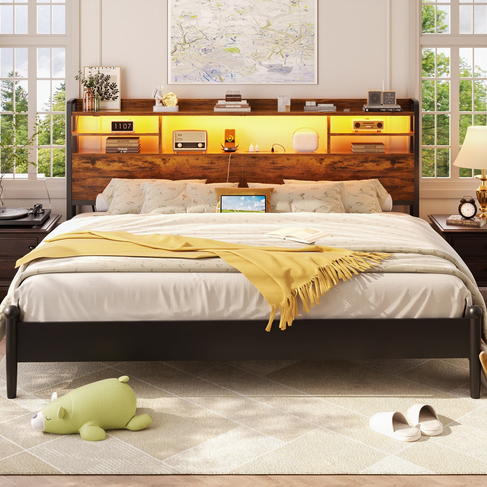 iSunirm Headboard for King Size Bed with Bookcase Storage, King Headboards with LED Light and Power Outlets, Modern King Size Head Board, for King Size Bed, 77.2'' Width, Rustic Brown