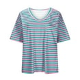 thumbnail image 4 of Lovskoo Women's Oversized T-Shirt Striped Short Sleeve V Neck Tee Shirt Casual Loose Drop Shoulder Summer Going Out Top Blue, 4 of 9