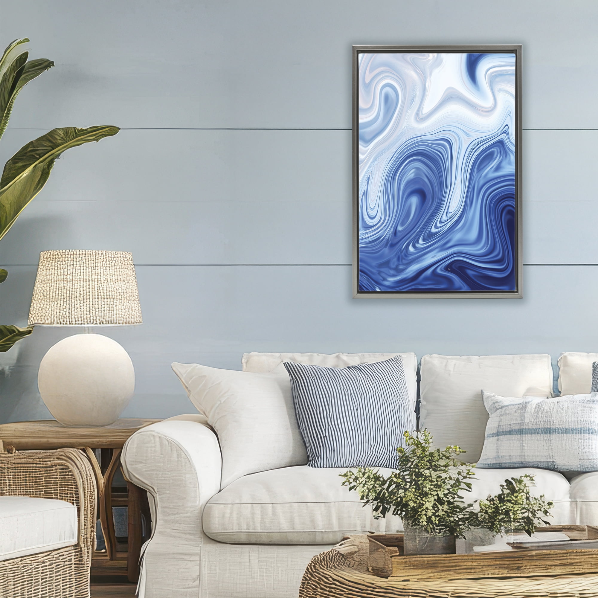 Stupell Industries Blue Marble Fluidity Gray Framed Floater Canvas Wall Art, design by Martina Pavlova