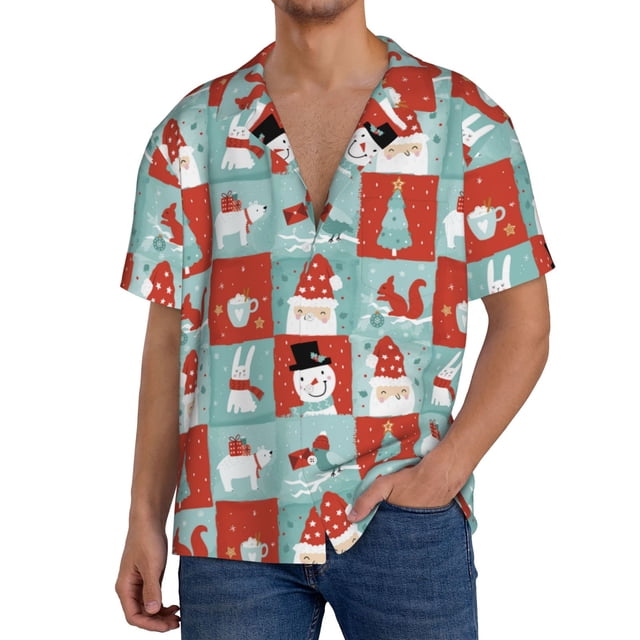 Fotbe Warm Christmas Memories Camisa Estampada de Manga Corta para Hombre, Casual de Verano, Estilo Playero, Sin Arrugas-Medium