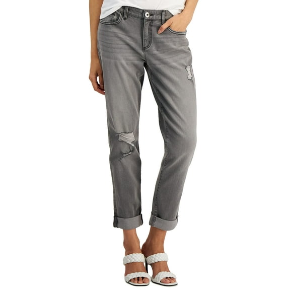 INC International Concepts Womens Mid Rise Ripped Straight Leg Jeans Grey 16