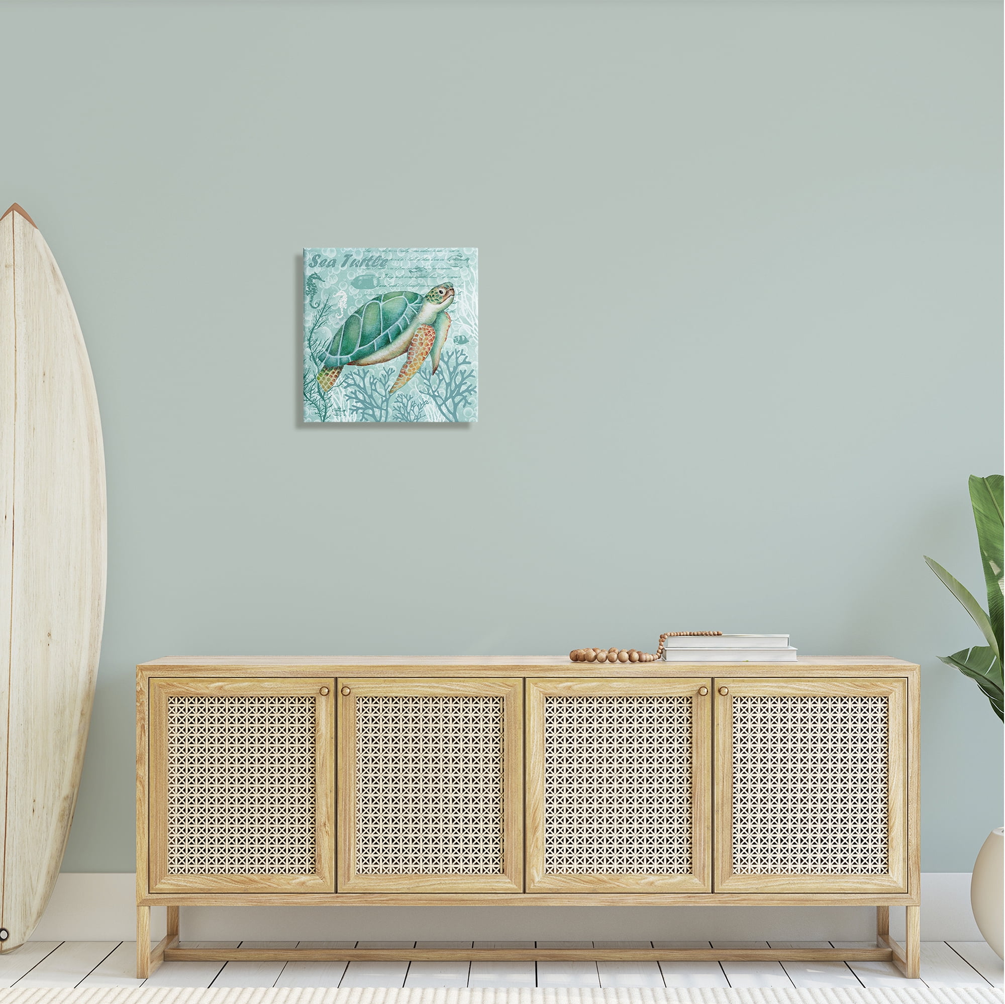 Stupell Industries Sea Turtle Detailed Coral Silhouettes Fancy Script Graphic Art Gallery Wrapped Canvas Print Wall Art, Design by Emma Leach