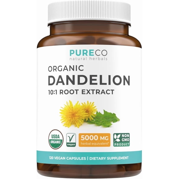 Pure Co USDA Organic Dandelion Root Extract - High Potency 10:1 Dandelion Root Supplement with 5000mg Herbal Equivalent Strength for Liver Cleanse Detox & Repair Support (4 Month Supply)