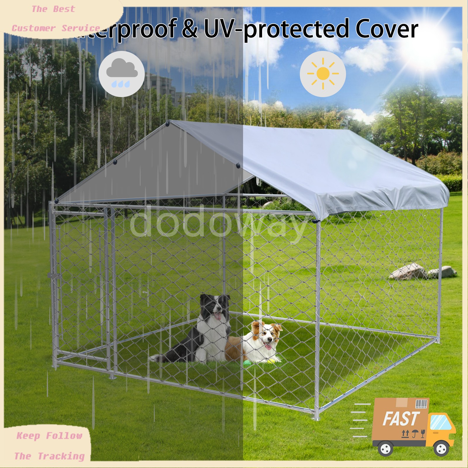 Caulitar Metal Pet Dog Run House Outdoor Kennel Shade Cage Enclosure with Cover Playpen