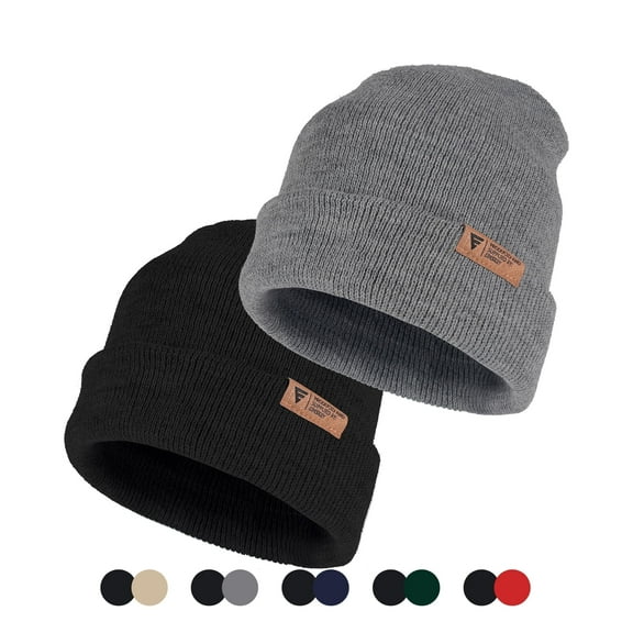 EINSKEY Knit Cuffed Lined Beanie, 2-Pack Skull Cap Beanie Stocking Hats For Men Fall Winter - Black Grey