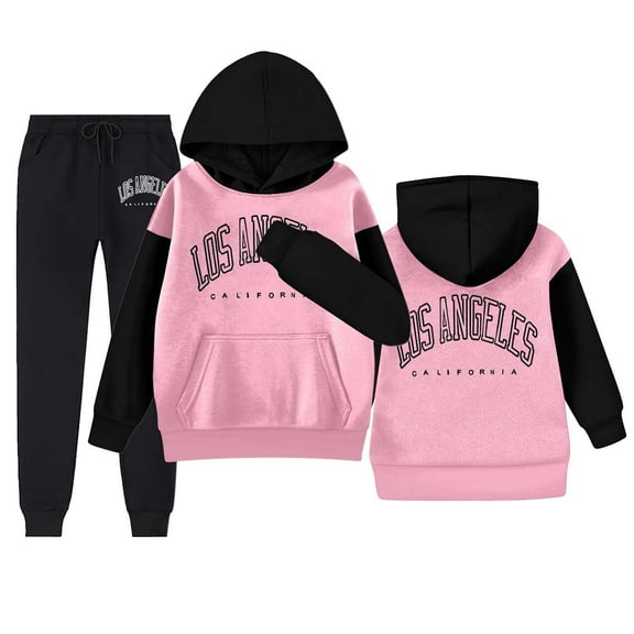 CAIXIA Girls Clothes Size 14-16 Girls' Autumn Winter Letter Graphic Hooded Sweatshirt and Pants Casual Outfit Set,Pink