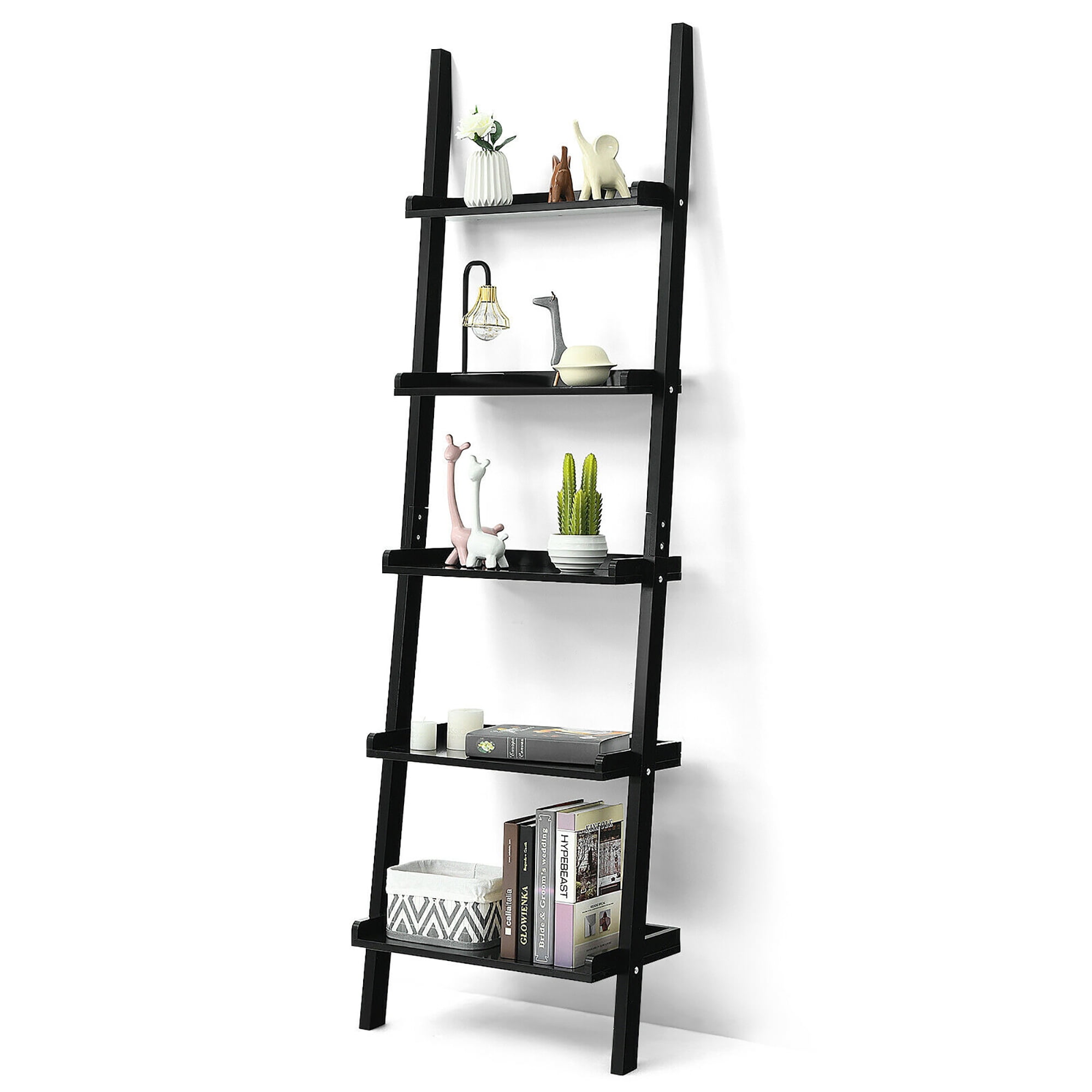 COSTWAY Wall Ladder Shelf Home Office Storage Unit Organiser Display Rack for Living Room Bedroom Brown + White 5 Tiers Bookcase Plant Flower Stand