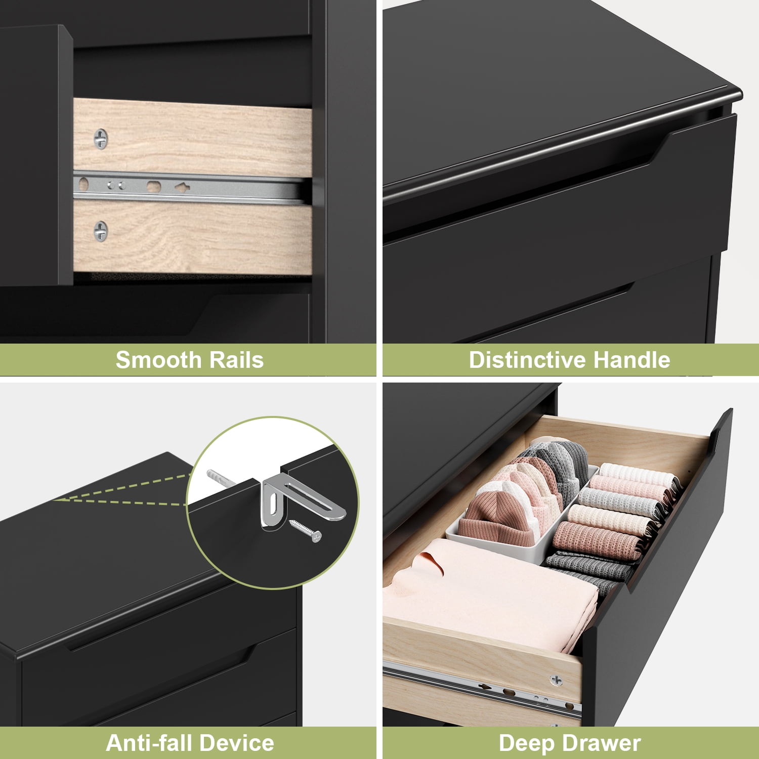 Dresser for Bedroom, Lofka 4 Drawer Dresser with Cutout Handles, Anti-Tip Safety, Large Storage Capacity, Modern Wood Chest of Drawers, Black