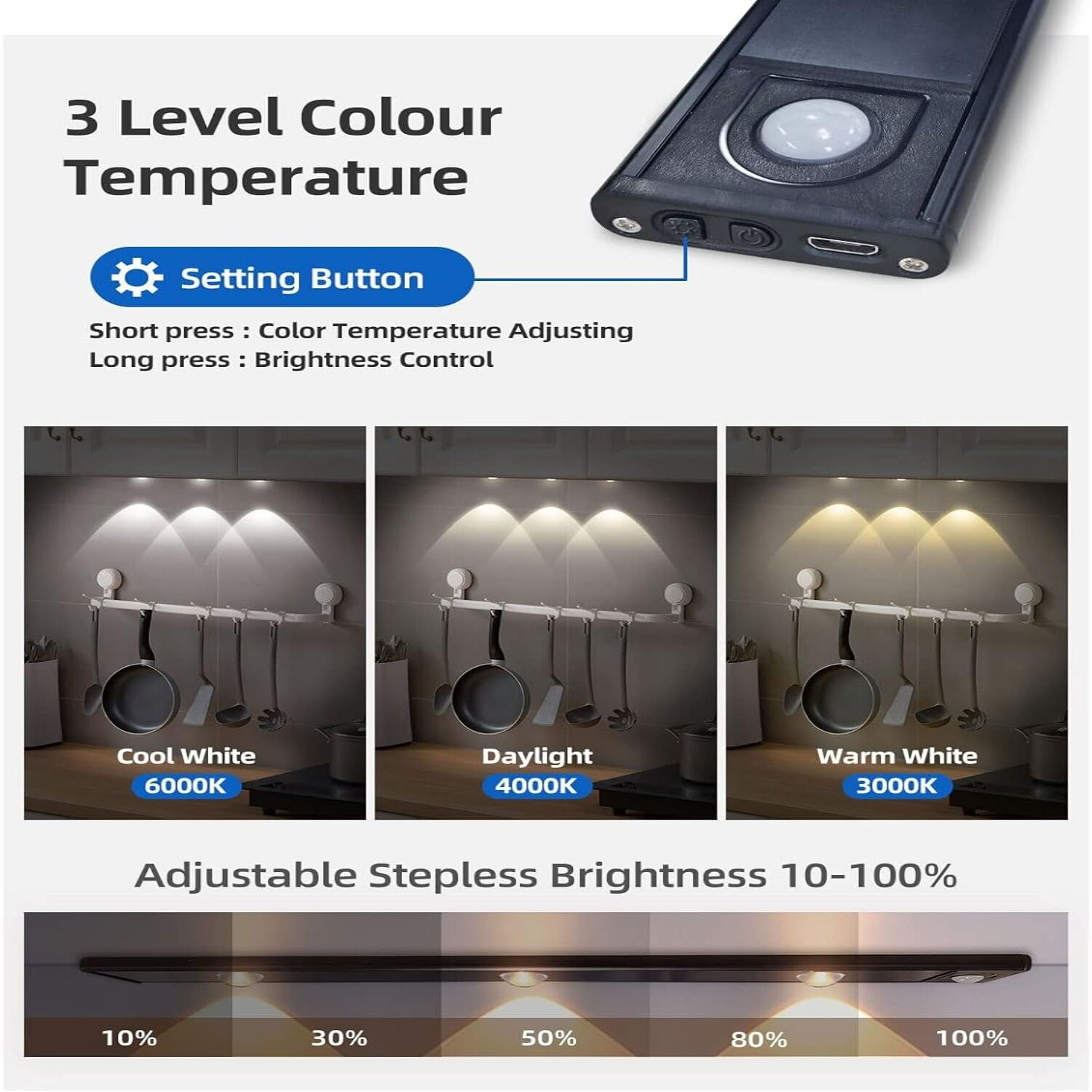 Sports Sensor Light, USB Charging Adjustable Three-color LED Light, Wireless Kitchen Wardrobe Shoe Cabinet Bedroom Small Desk Light with Night Light
