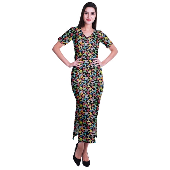 Moomaya Long Bodycon Maxi Dress For Womens Short Sleeve V neck Printed Jersey T-shirt Dress