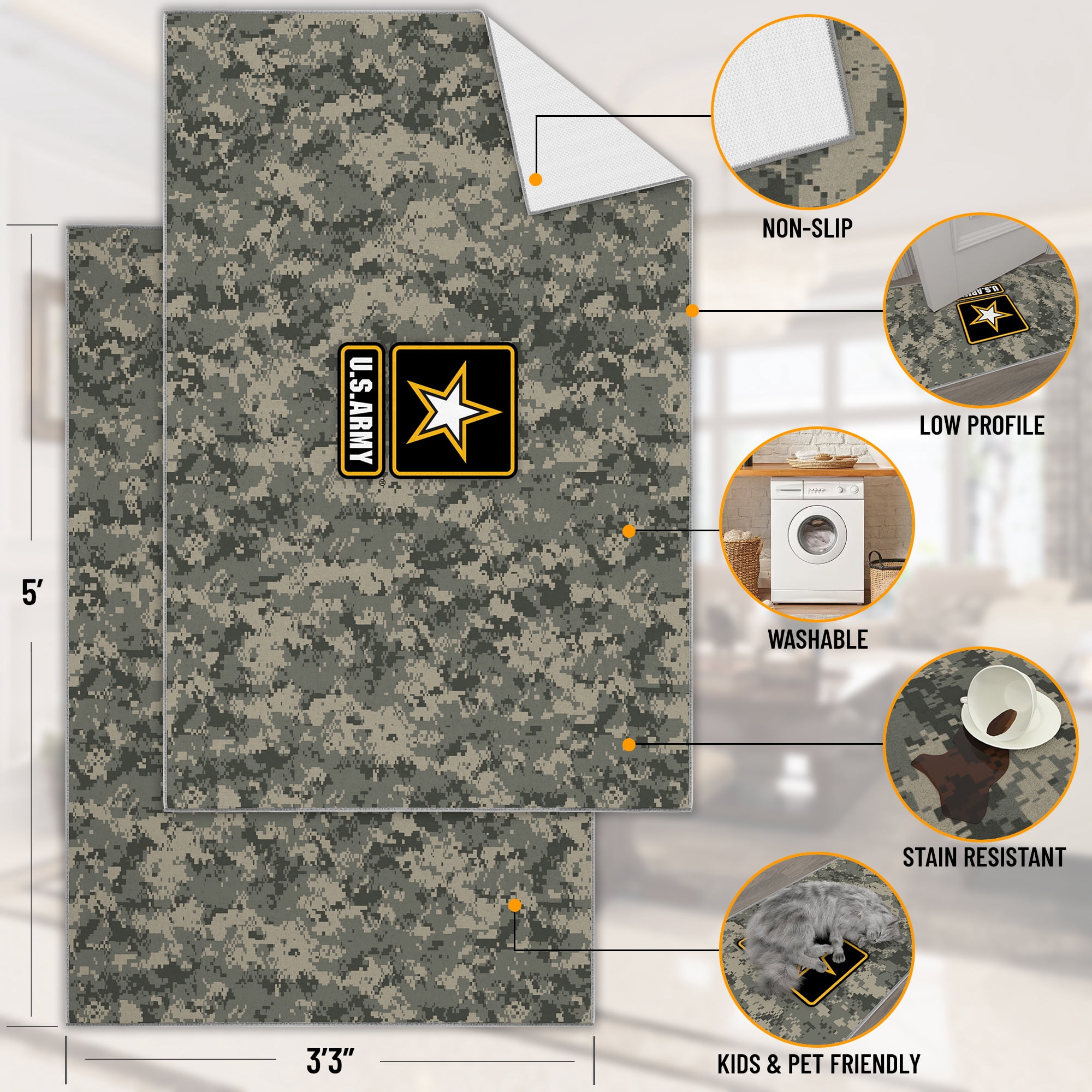 Ottomanson US ARMY Logo Camouflage Non-Slip Rubberback 3x5 Machine Washable Area Rug, 3'3" x 5', Multi