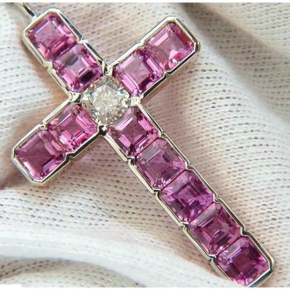 TAAPSEE JEWELS 14k White Gold Plated Cushion Cut Pink Sapphire & Diamond Cross Pendant Free Chain