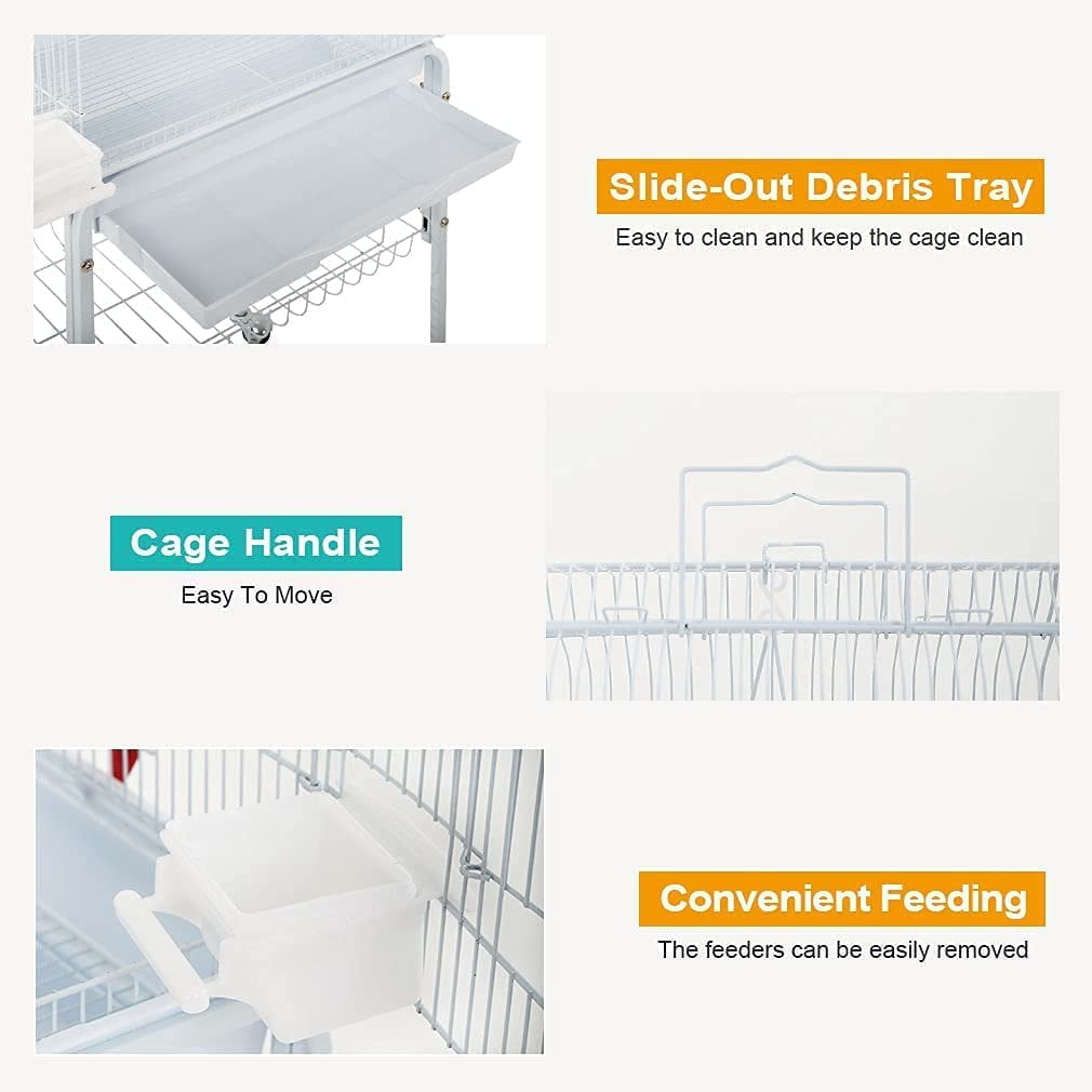NiamVelo 64-inch Metal Bird Cage with Rolling Stand & Bottom Tray, Pet Storage Shelf Parrot Cage with Open Play Top for Lovebirds & Parakeets, White