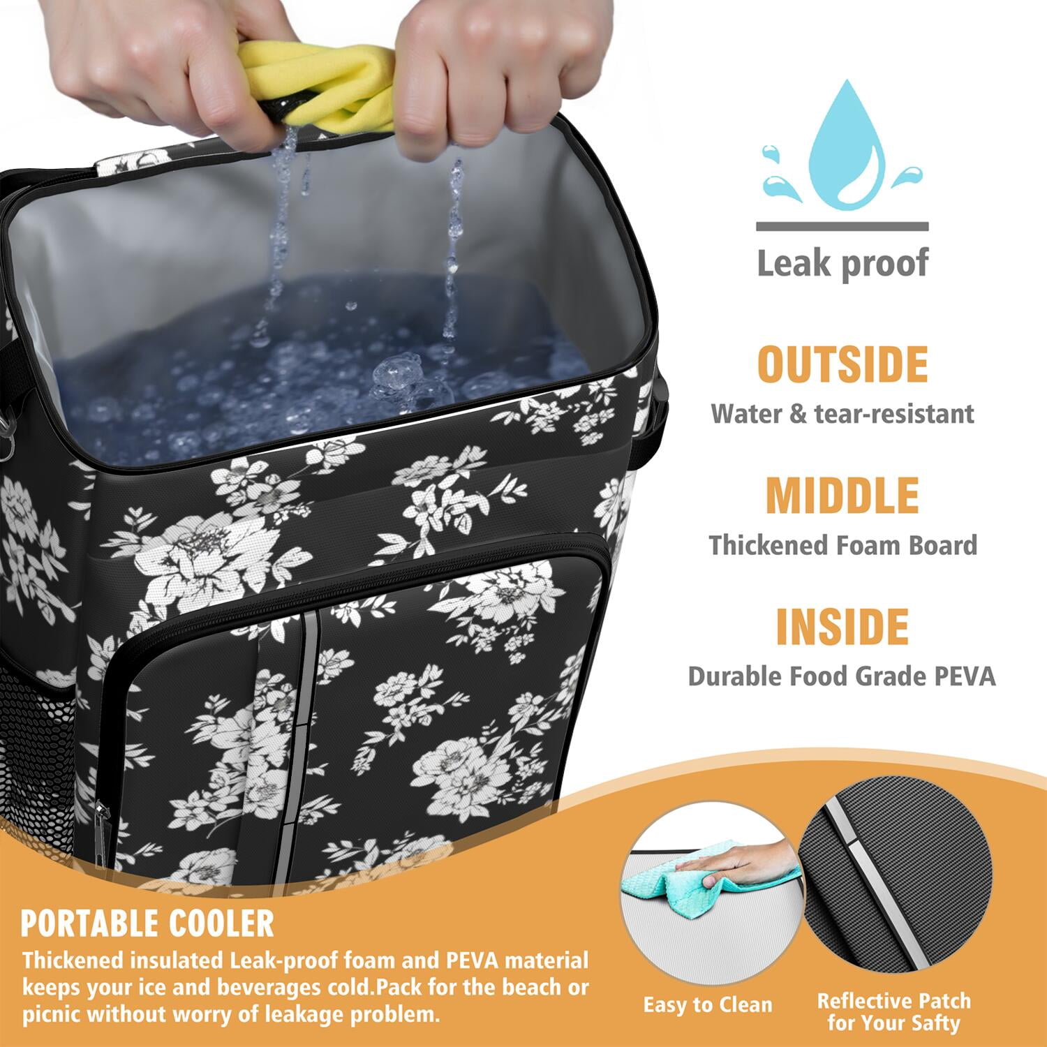 Travel Cooler Bag - Pioneer Flower Floral Print Pattern Camping Beer Cooler Backpack with Bottle Opener- Waterproof Insulated Picnic Backpacks - Cooler Bag for Beach