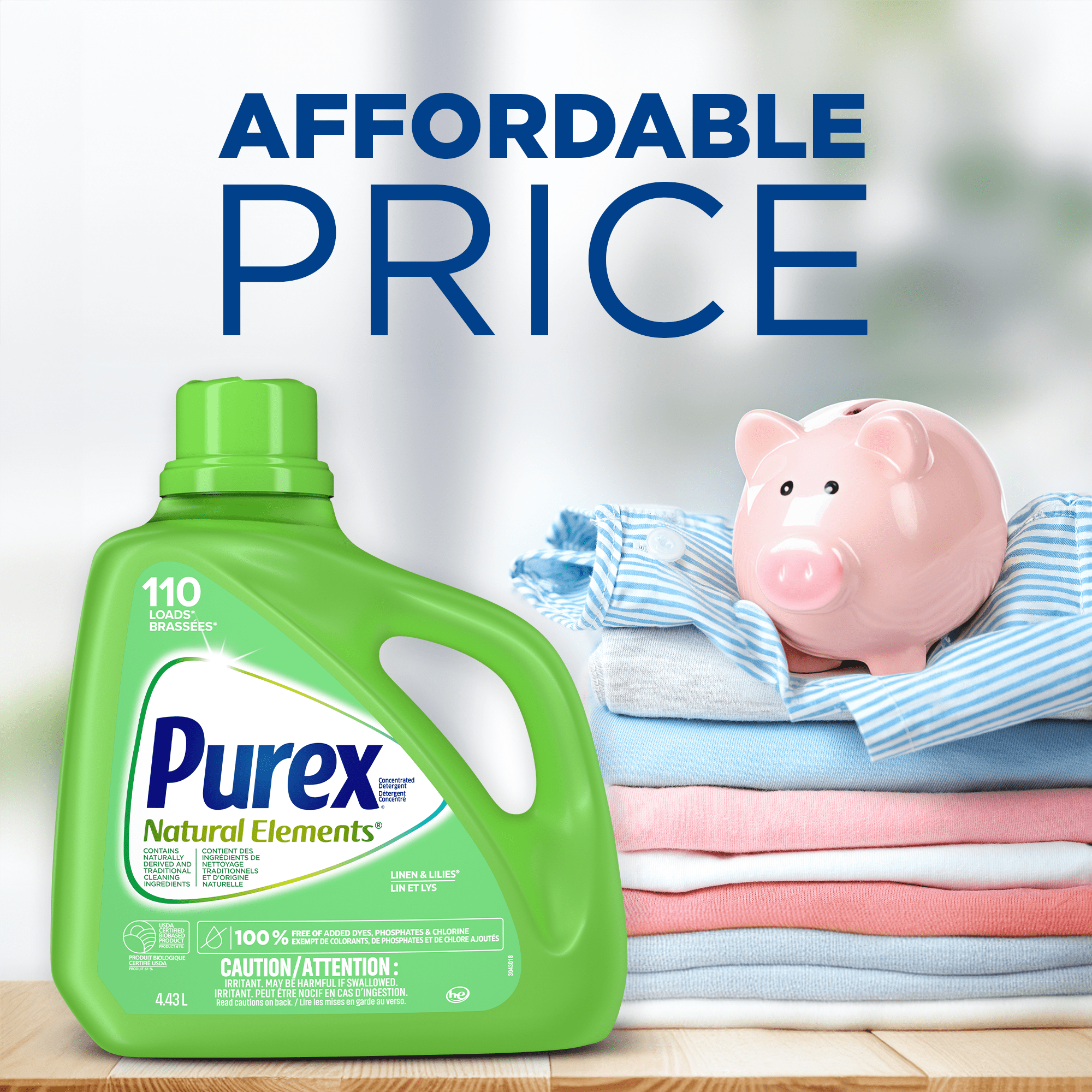 Purex détergent à lessive liquide concentré 4-en-1, Natural Elements, lin et lis, sans colorants ajoutés, 4,43 litres, 110 brassées