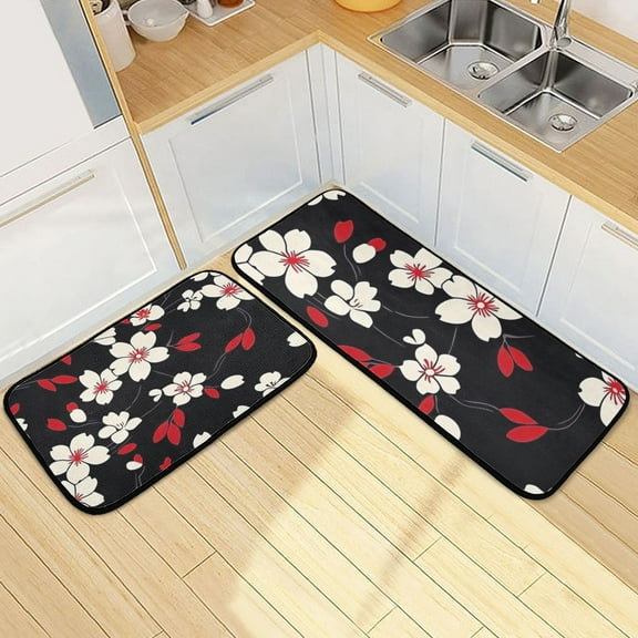 White Flowers and Red Leaves on Black Kitchen Mat Set of 2 Cushioned Non Slip Rugs for Bedroom Floor Runner Mats