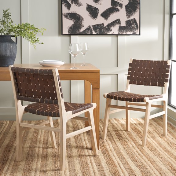 SAFAVIEH Taika Contemporary Leather Solid Dining Side Chair, Cognac/Light Natural (Set of 2)