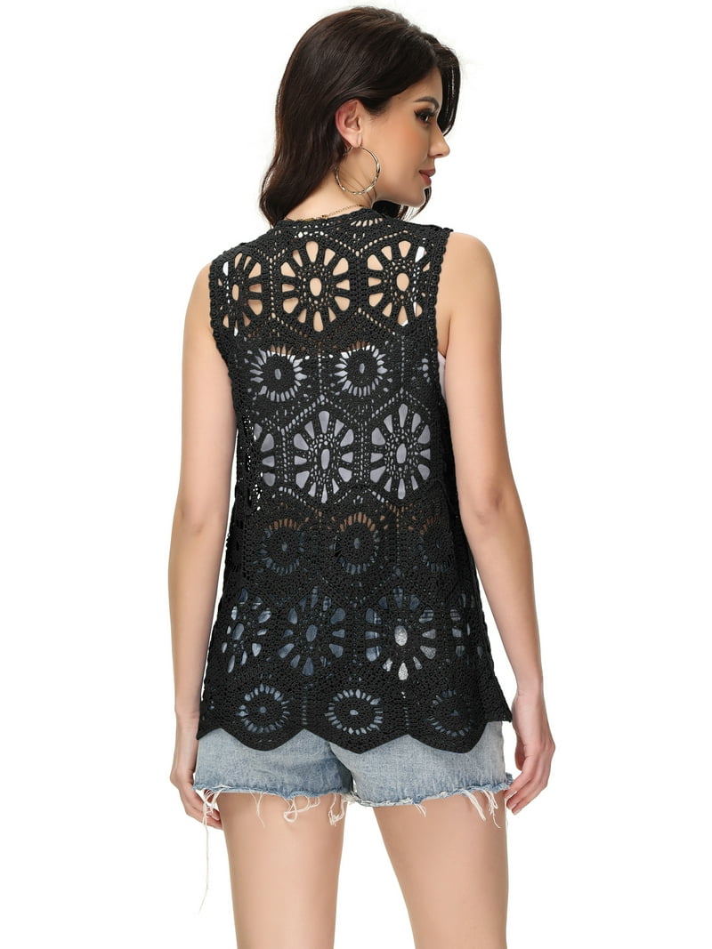 Women's Flower Crochet, Open Front Vest, Sleeveless Boho Lace