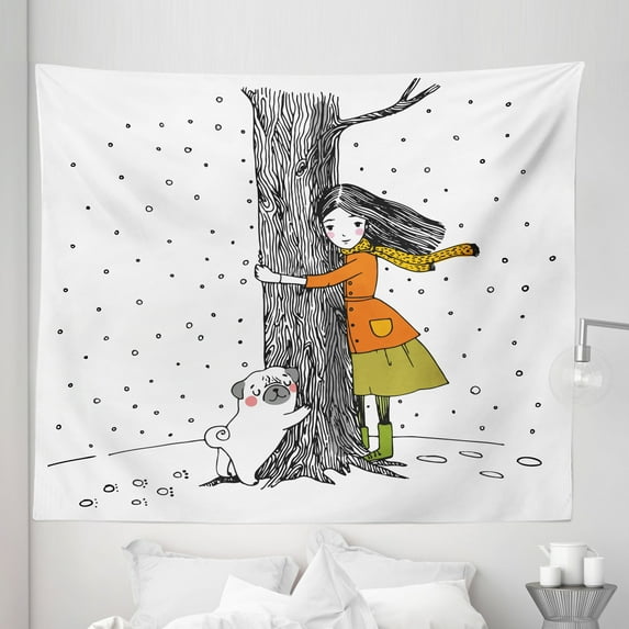 White and Black Tapestry, Young Girlnd Pug Dog Holding Tree in the Snowy Weather Illustration, Fabric Wall Hanging Decor for Bedroom Living Room Dorm, 5 Sizes, White and Black, by Ambesonne