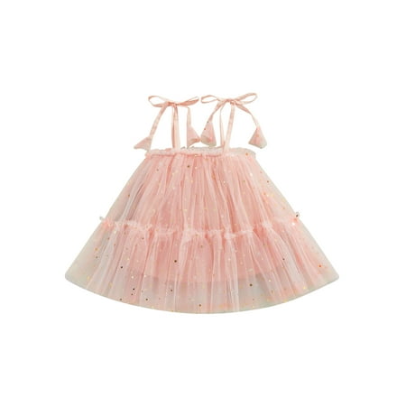 

Bagilaanoe Infant Girls Sleeveless A-Line Dress 0-3 Years Tie-Up Strap Stars Print Double-Layer Hem Princess Party Dress