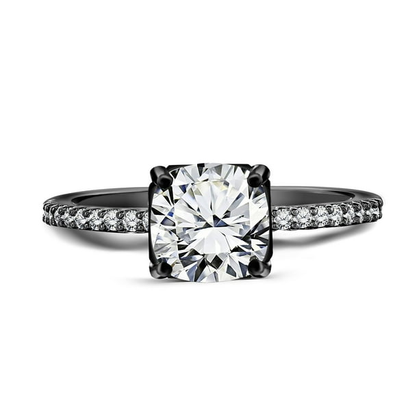 JeenMata Delicado Anillo de Compromiso Gótico Solitario con Banda Pavé Simple y Fina de Moissanita de Talla Cojín de 1,75 Uds en Oro Negro de 18 K sobre Plata