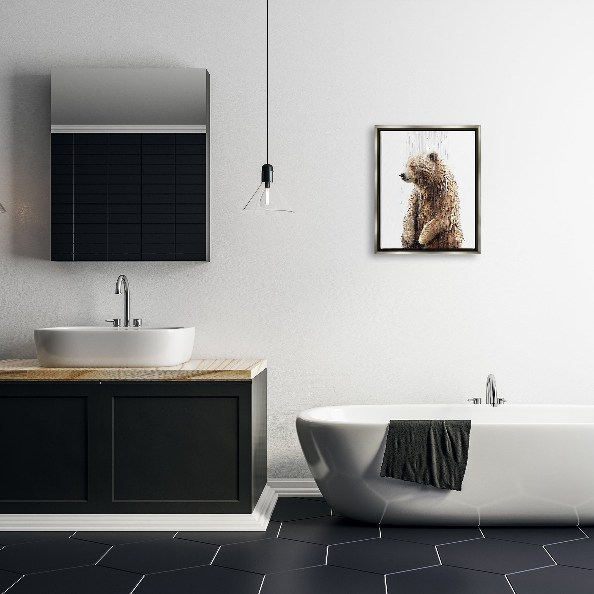 Stupell Industries Bear Shower Splash Animals & Insects Painting Gray Floater Framed Canvas Art Print Wall Art, 17 x 21