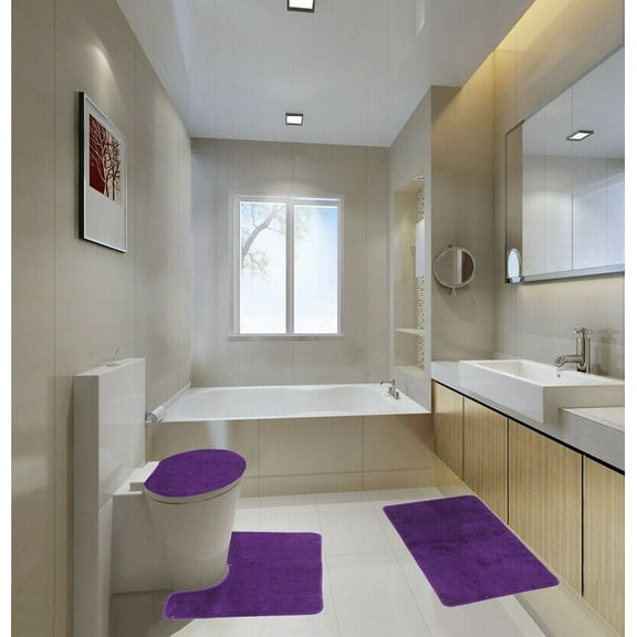 Luxury large rug mat set for bathroom non slip 3pc super soft plush chenille #6 purple color
