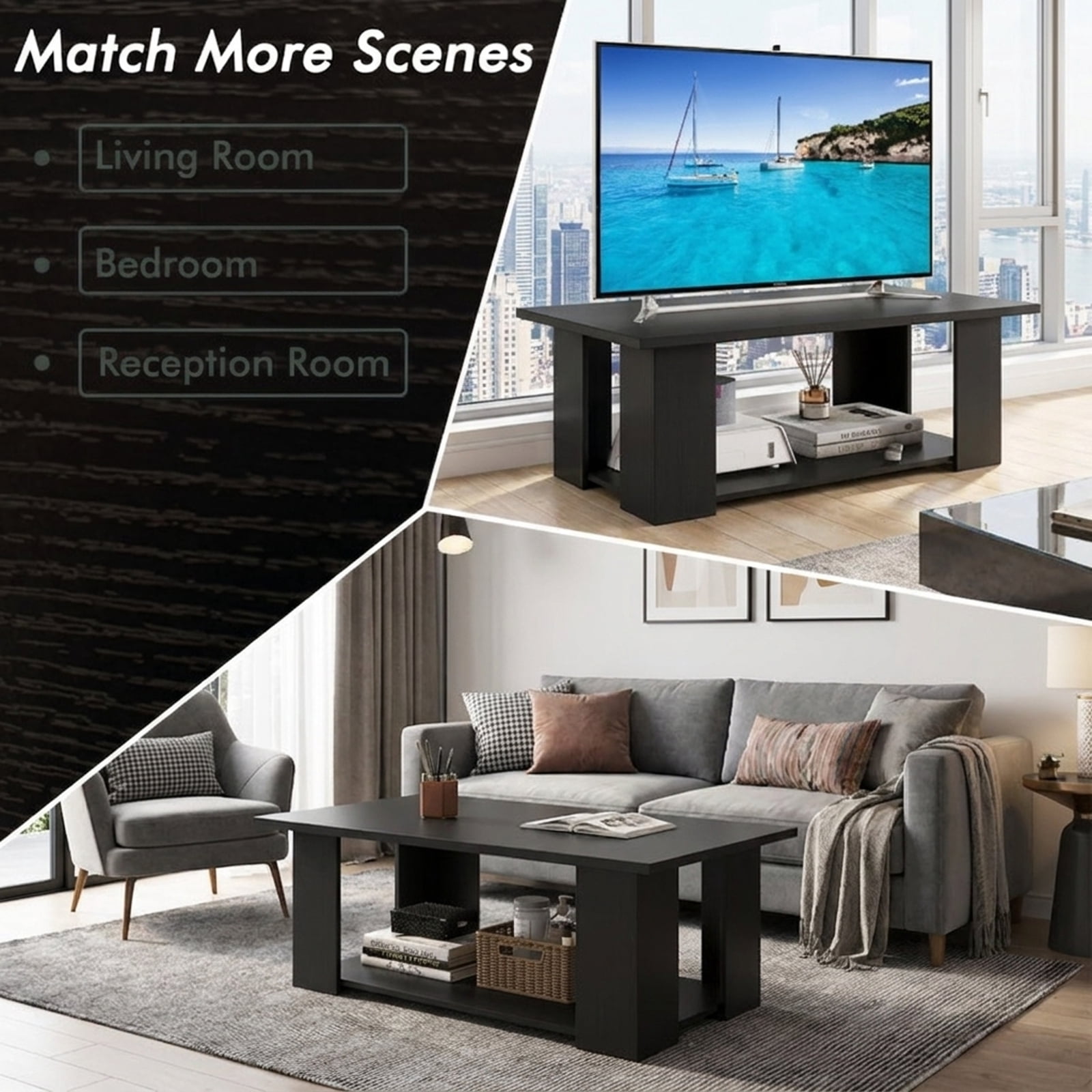 Furnibear Large 36/41 Inch 2-tier Wooden Modern Coffee Table with Storage Shelf - Black - Living Room Cocktail Center Table