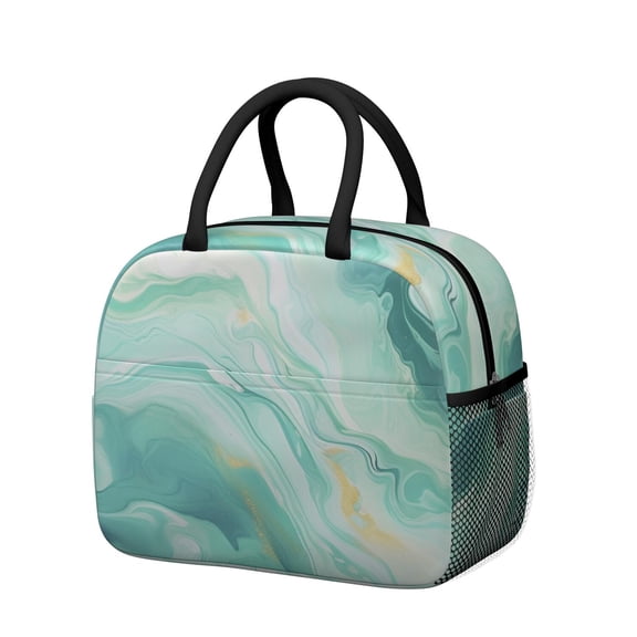 Insulated Lunch Bag for Women, Floral Print Oxford Fabric Lunch Box, Leakproof Thermal Cooler Tote for Work, School & Picnic, Turquoise Marble Pattern