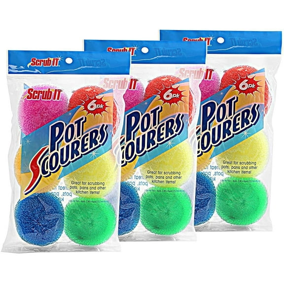 36 Round Nylon Dish Scrubber Scouring Pads By Scrub-It - 6 Packs Of 6 Scour Pads - Assorted Colors - Tough and Durable - Non-Scratch for Non-Stick Cookware