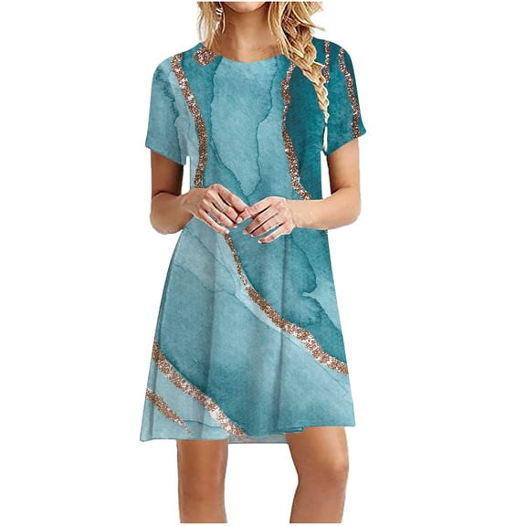 Women's Printed Summer Dress Short Sleeve Round Neck Casual Knee Length Dresses Blue L