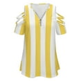 thumbnail image 4 of Yellow And White Vertical Stripes Womens Summer V Neck Zipper Top Short Sleeve T Shirt Off Shoulder Top Casual Classy Loose Shirts, 4 of 7
