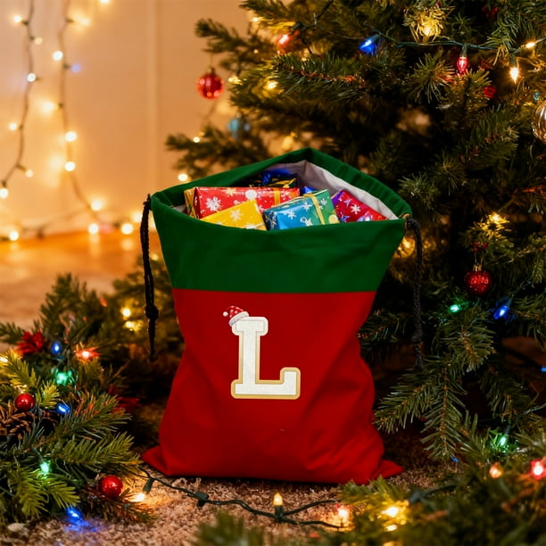 Bolsa de regalo navideña con cordón, 26 letras, poliéster rojo, 30 x 38 cm | Bolsa reutilizable para dulces navideños, pequeña bolsa para envolver regalos, organizador de decoración festiva
