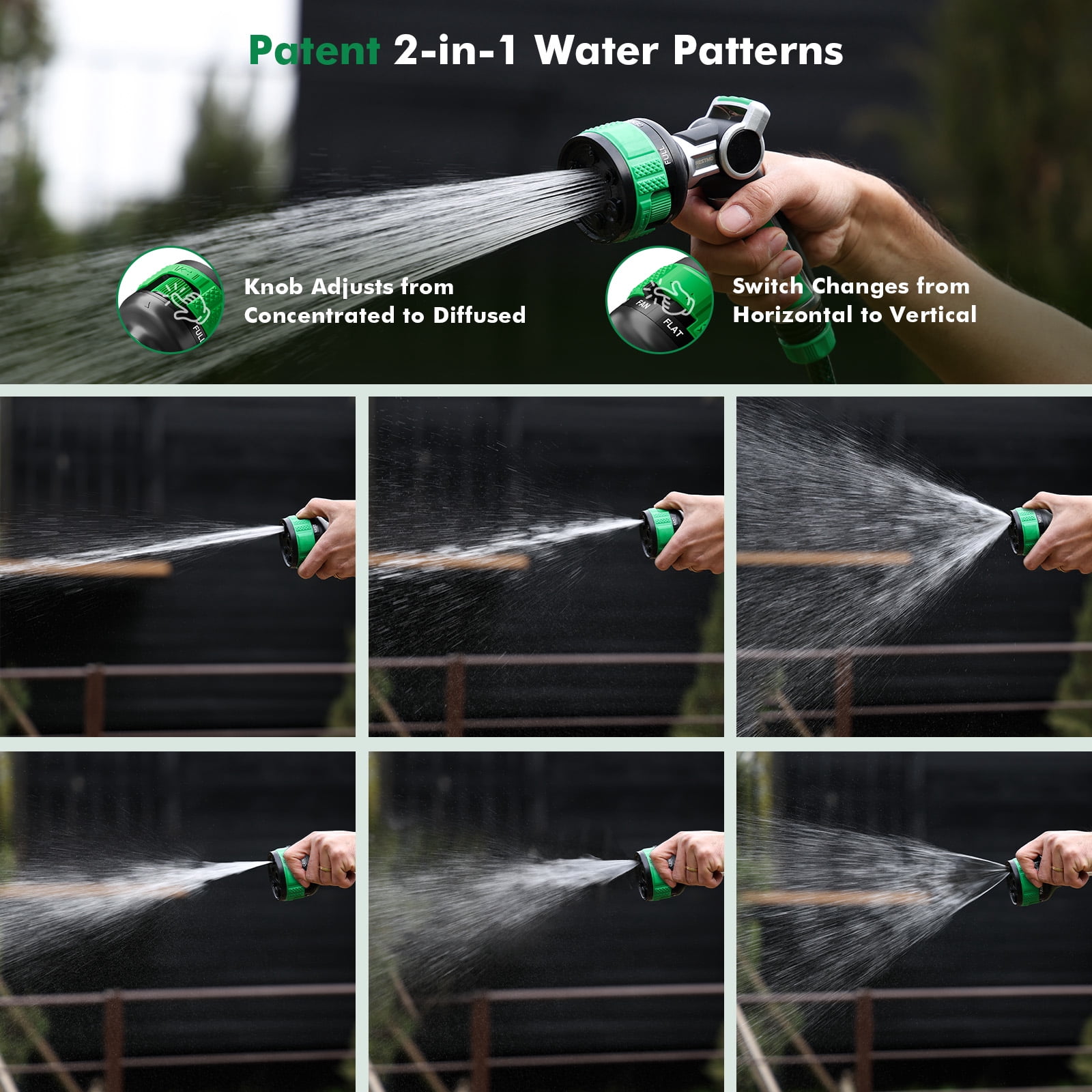 Restmo 100% Metal Heavy Duty Garden Hose Nozzle, 9 Spray Patterns, Patent 2-Way Water Patterns, Leak-Proof Thumb Control for Lawn & Yard Watering