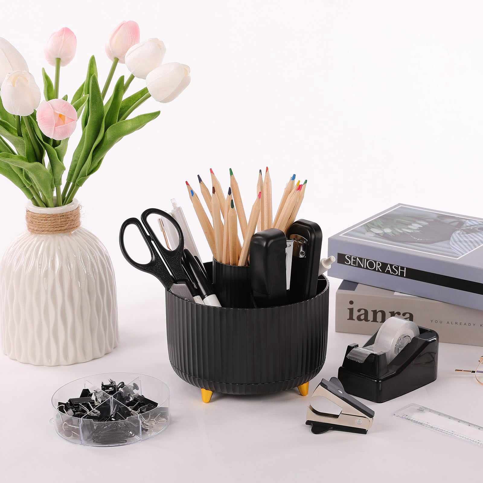 Black Office Supplies  Desk Accessories 10pcs Pencil Holder For Stapler Tape Dispenser Ruler Clips And 1000pcs Staples Set