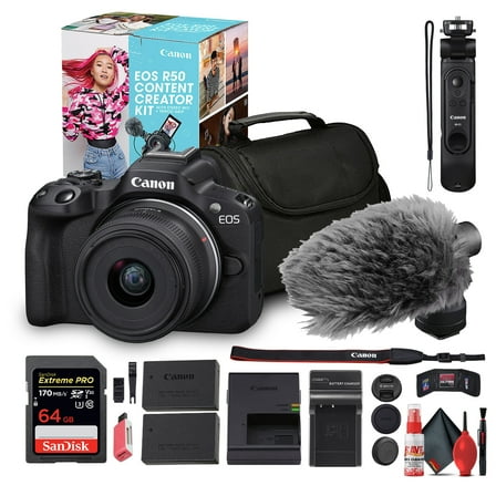 Canon EOS R50 Mirrorless Camera with 18-45mm Lens Creator Kit (Black)   64GB Card   Bag   More