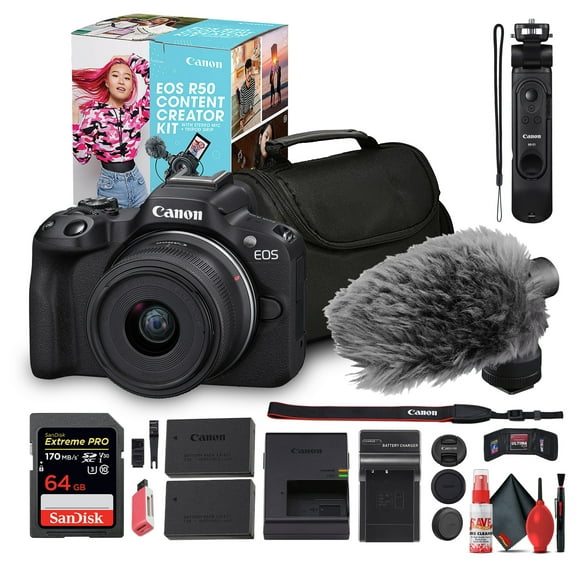 Canon EOS R50 Mirrorless Camera with 18-45mm Lens Creator Kit (Black) 64GB Card Bag More