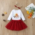 thumbnail image 2 of 3 Pcs Toddler Thanksgiving Day Outfits, Letter  Pumpkin Print Long Sleeve Playsuit + Tulle Skirt with Bow + Headband, 2 of 7