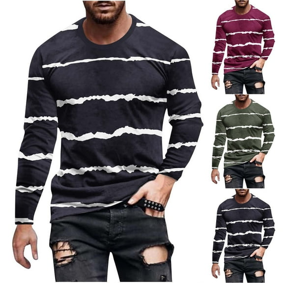 Ahuyic Mens Plus Size Long Sleeved Blouse, Autumns/Winter Long Sleeve Top For Men, Men Casual Round Neck Pullover Stripe Printed T-Shirt Loose Long Sleeve Round-Neck Blouses & Shirts