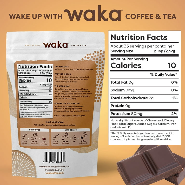 Waka Instant Coffee, Dark Chocolate Flavored - 100% Arabica Beans