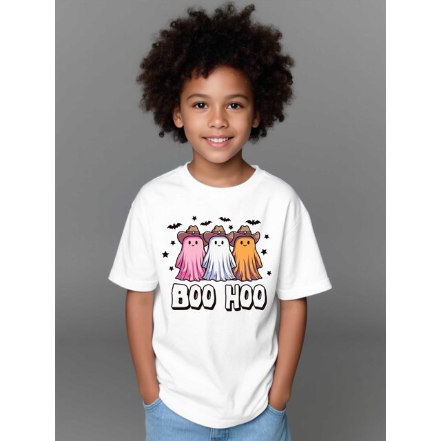 Halloween T-shirt - Halloween Boo Hoo Trio short-sleeved T-shirt Casual Wear, Seasonal Clothing, Playful Design, Fun Graphic Tee, Breathable Material, Soft Fabric, Short Sleeve Top, Printed Tee