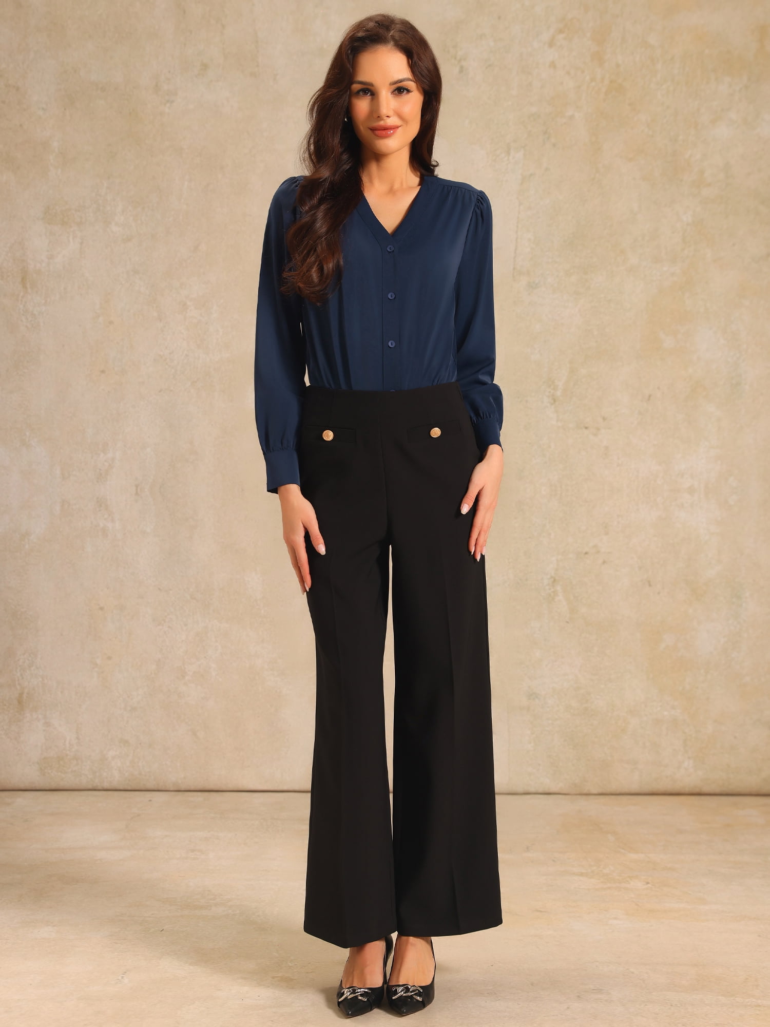 DARING DIVA Long Sleeve V Neck Classic Business Work Shirt Top X-Large Peacock Blue