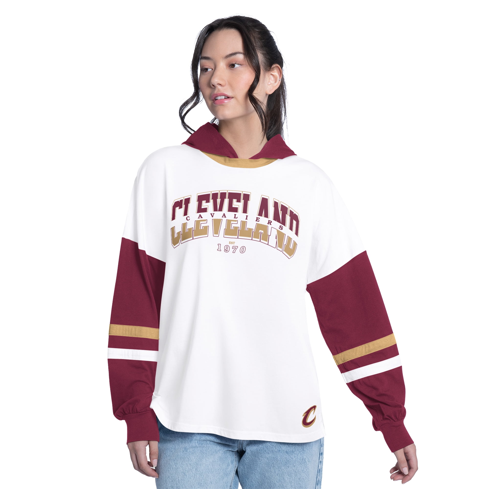 Women's G-III 4Her by Carl Banks White/Wine Cleveland Cavaliers Key Player Oversized Hooded Long Sleeve T-Shirt