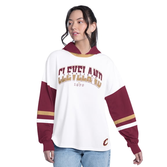 Women's G-III 4Her by Carl Banks White/Wine Cleveland Cavaliers Key Player Oversized Hooded Long Sleeve T-Shirt