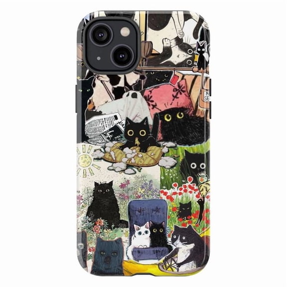 Cute Black Cat Collage Phone Case, Illustrated Kittens and Playful Cat Art iPhone Cover, Unique Artistic Protective Case for iPhone 17 16 15 14 13 12 11 Plus Pro Max Mini