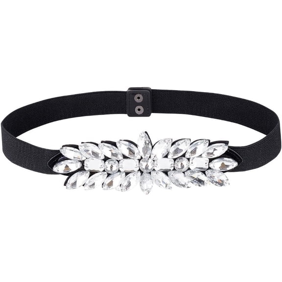 Women Rhinestone Elastic Belt 28.2x1.9inch Silver Rhinestone Waist Belt Black PU Chain Sash Double Press Button Floral Belts forWaist 26.3-37inch/67-95cm